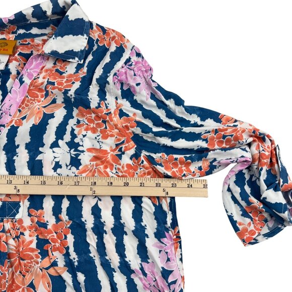 Ruby Rd. Floral Striped Blouse Navy Blue Pink Orange Size Large - Picture 4 of 7